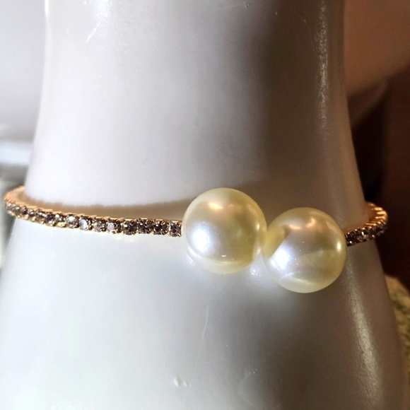 Faux Pearl Design Wrap Around Cuff Bracelet Copper Sparkly Rhinestones - Picture 2 of 12